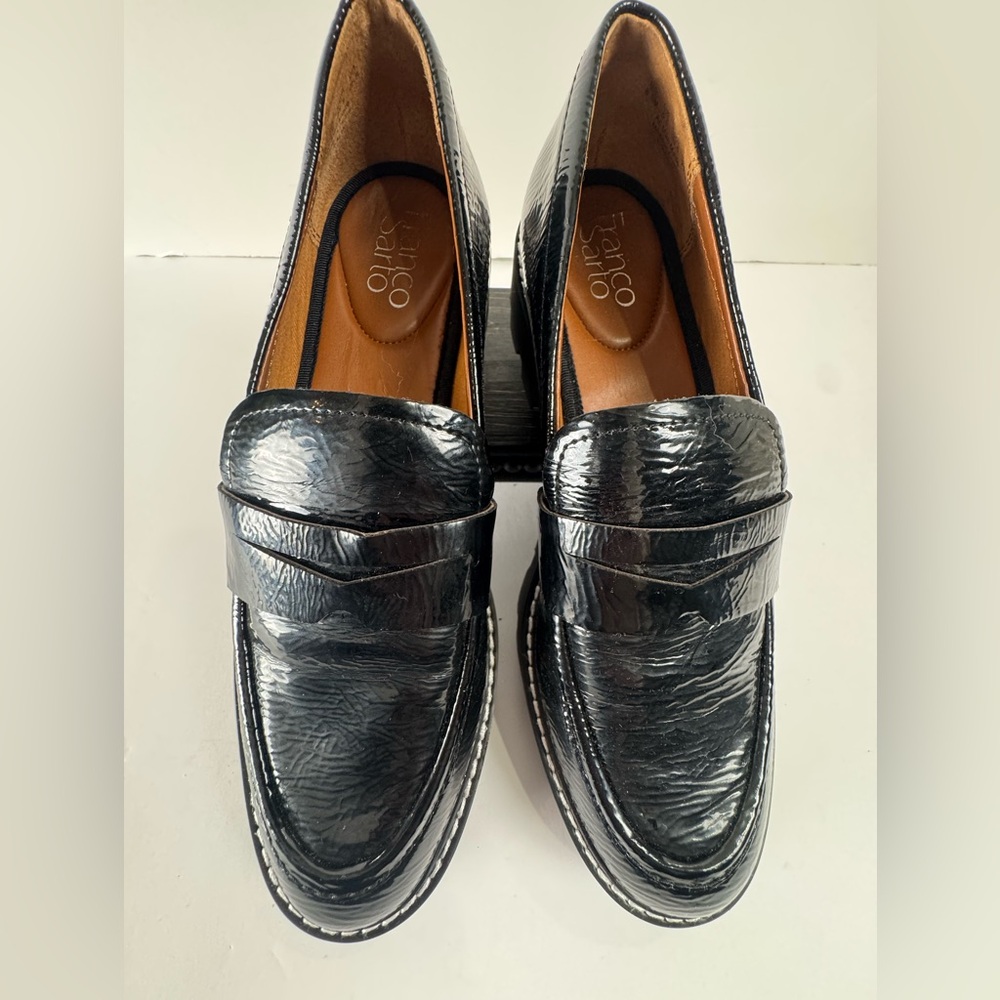 Franco Sarto Black Patent Lug Sole Platform Penny Loafers Women’s 8.5M - Picture 2 of 6